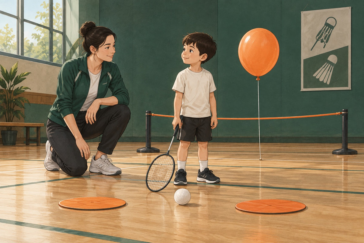 A balloon, soft ball, racket and flat targets show simple aids that can each address a different learning task.