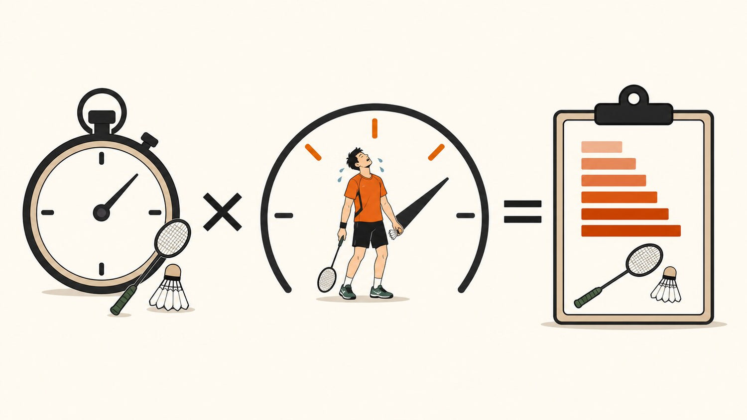 Visual equation showing session duration multiplied by perceived effort to produce a badminton training-load record.