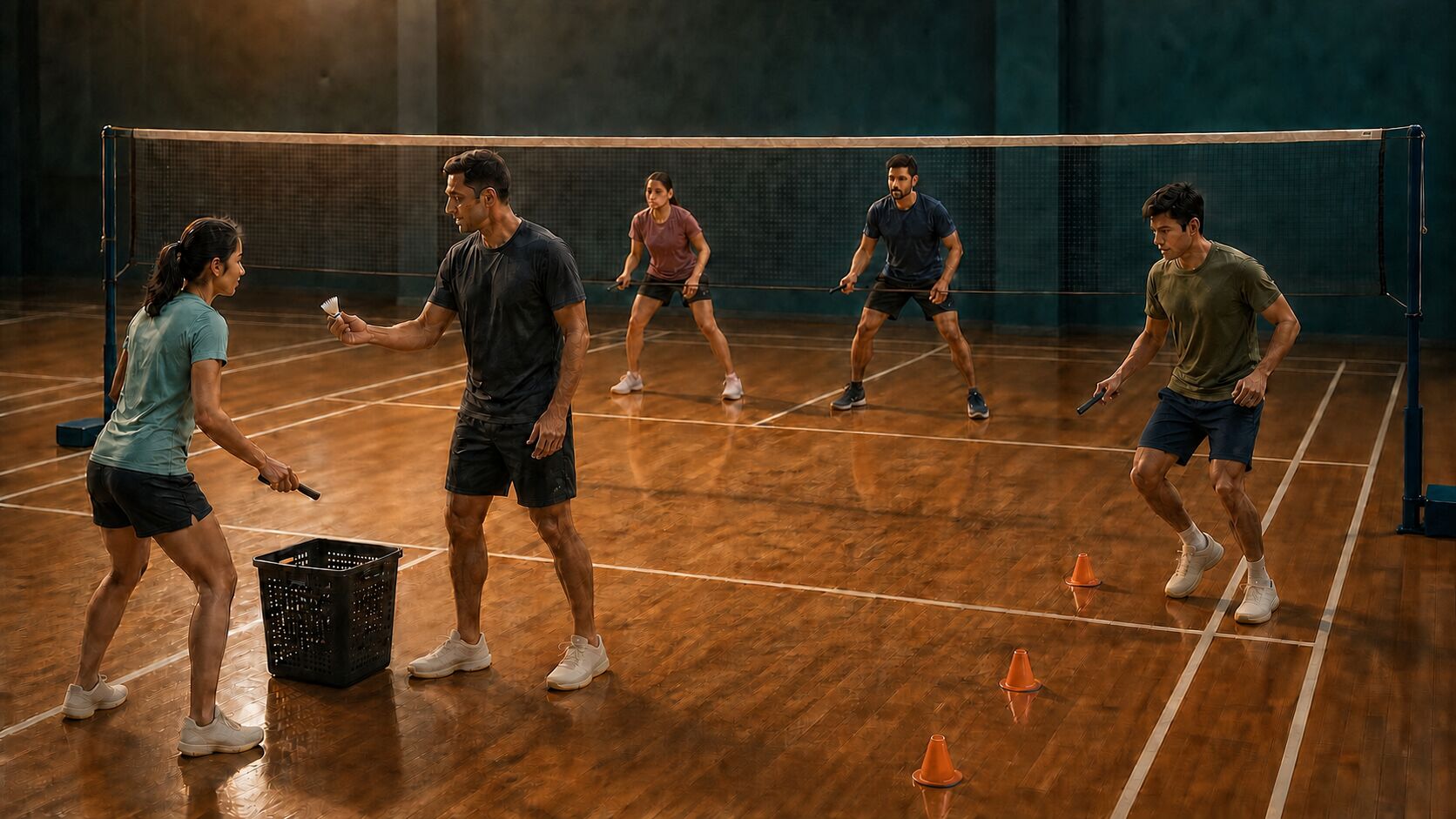 Personne entraîneuse adulte tenant un volant pendant que quatre joueurs et joueuses pratiquent l’alimentation, les déplacements et les exercices d’échange sur un terrain intérieur