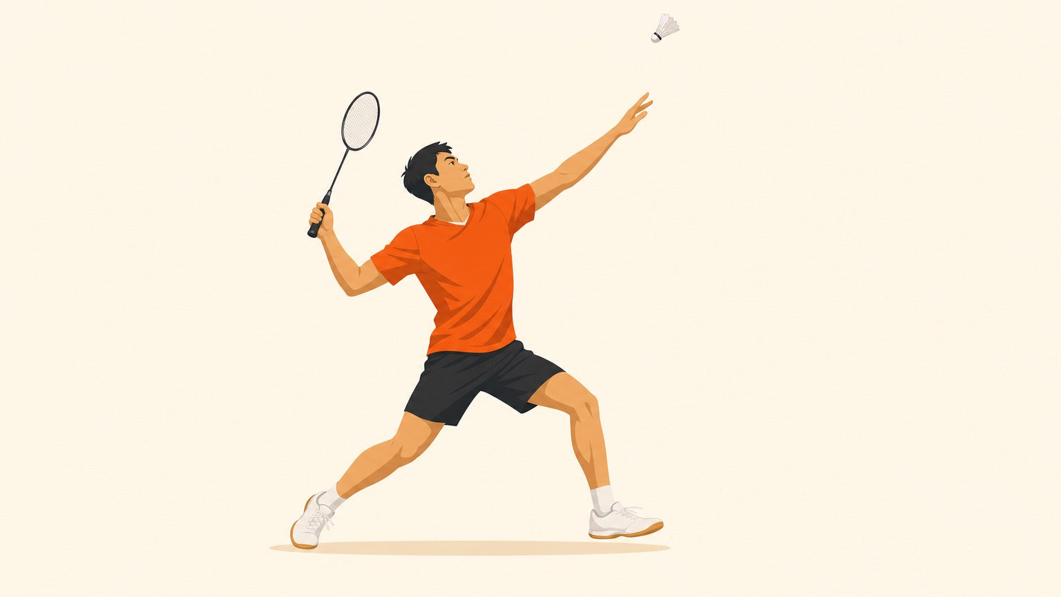 Flat vector illustration of a badminton player turned sideways, racket drawn back, preparing to hit a high shuttlecock overhead.