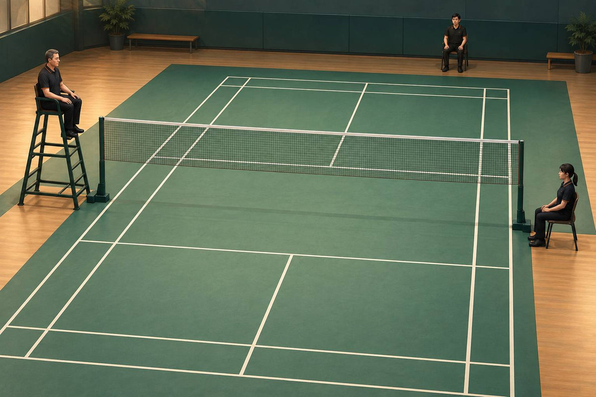 Three officials take distinct courtside positions before a match, separating umpire, service-judge and line-judge roles.
