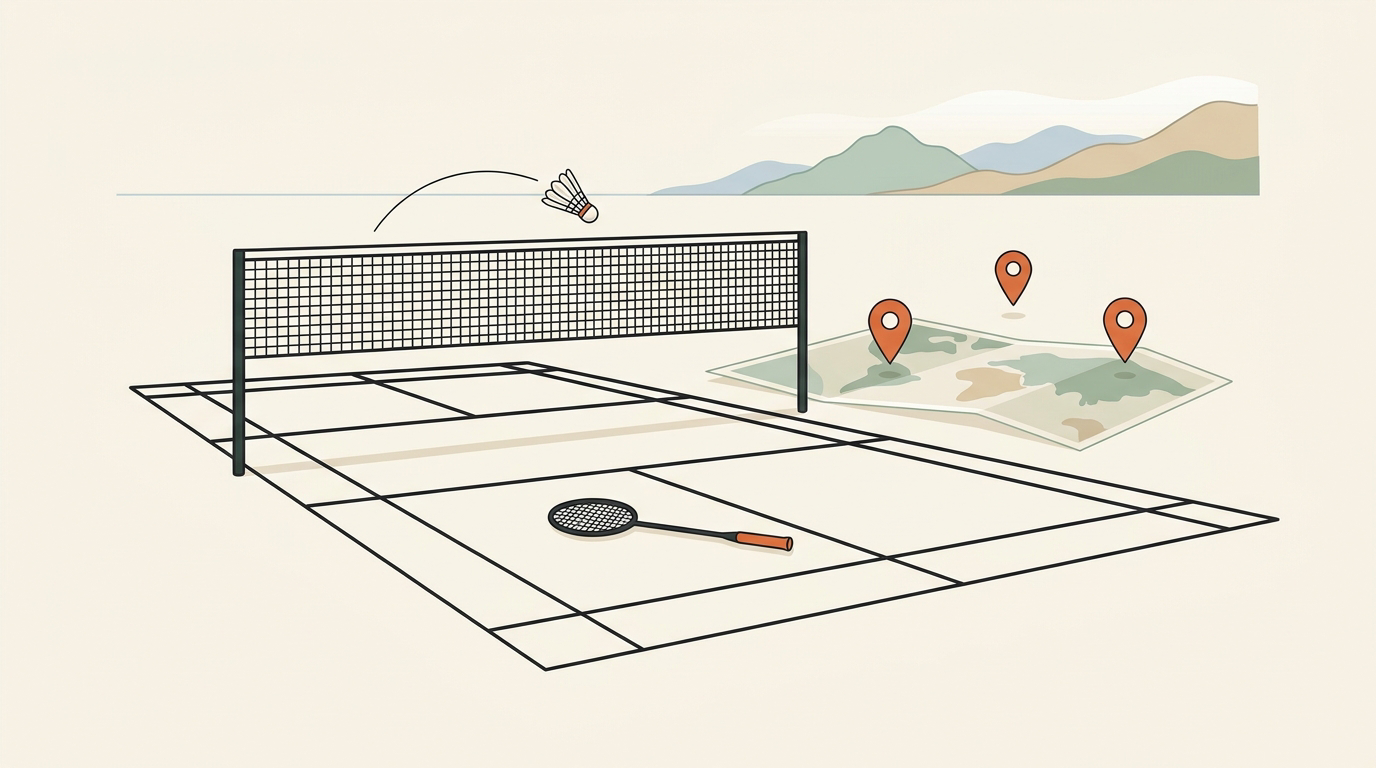 Flat-vector illustration of indoor badminton play in Vancouver, in Badminton House's cream and orange editorial style