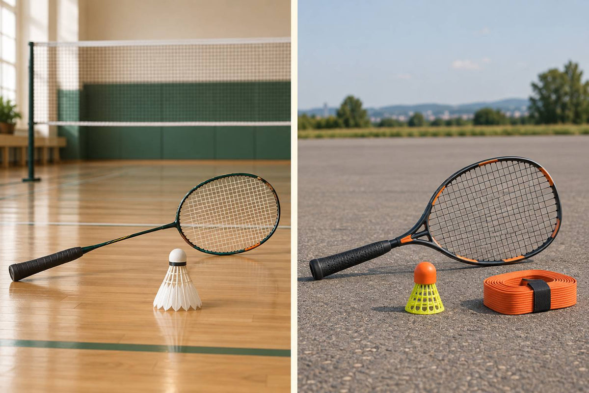 Volant en plumes et raquette fine contrastent avec le speeder plastique plus lourd et la raquette plus courte du crossminton.