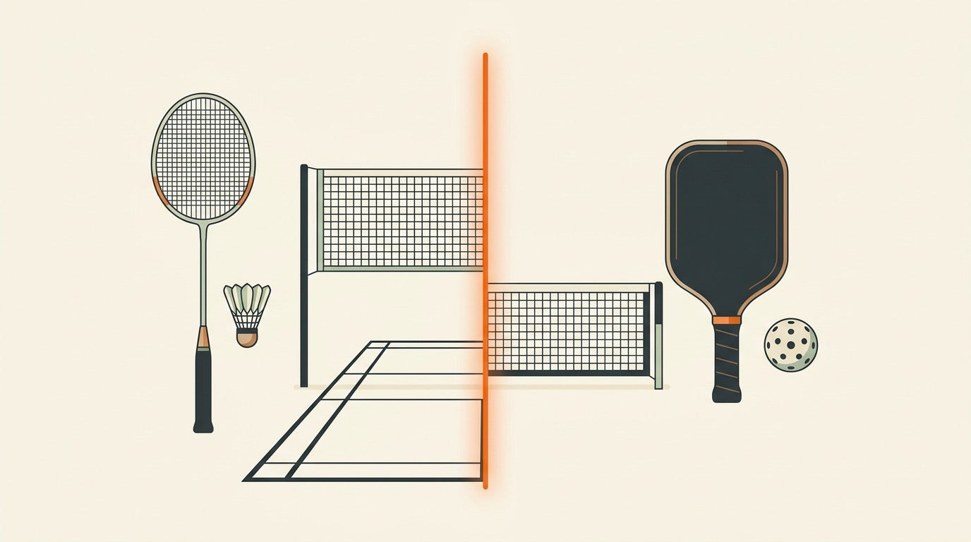 Illustrated indoor court comparing badminton racket and shuttle with pickleball paddle and ball