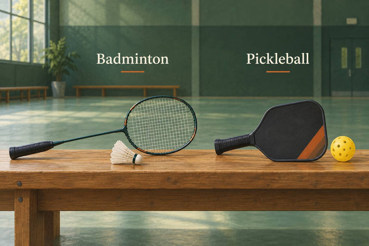 Badminton uses a strung racket and shuttle, while pickleball uses a solid paddle and perforated ball.