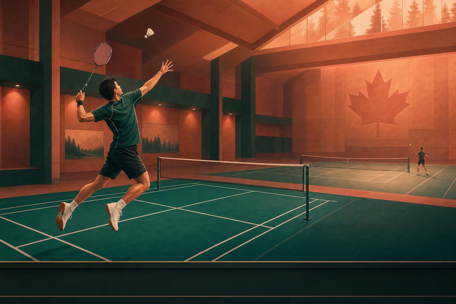 Illustration comparing badminton and tennis with a badminton player smashing on an indoor court and a larger tennis court outline behind.