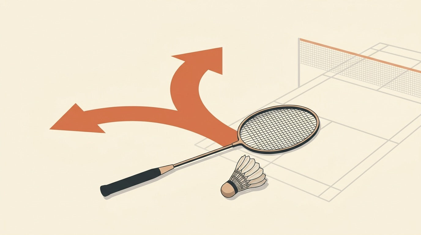 Illustration comparing badminton and tennis with a badminton player smashing on an indoor court and a larger tennis court outline behind.