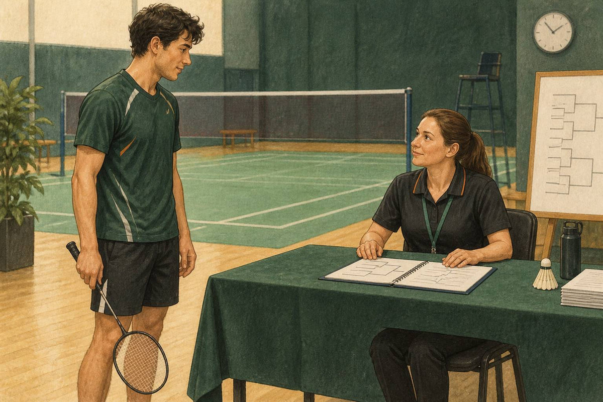 Illustration d’une personne qui joue au badminton et échange avec un juge-arbitre à la table d’un tournoi.