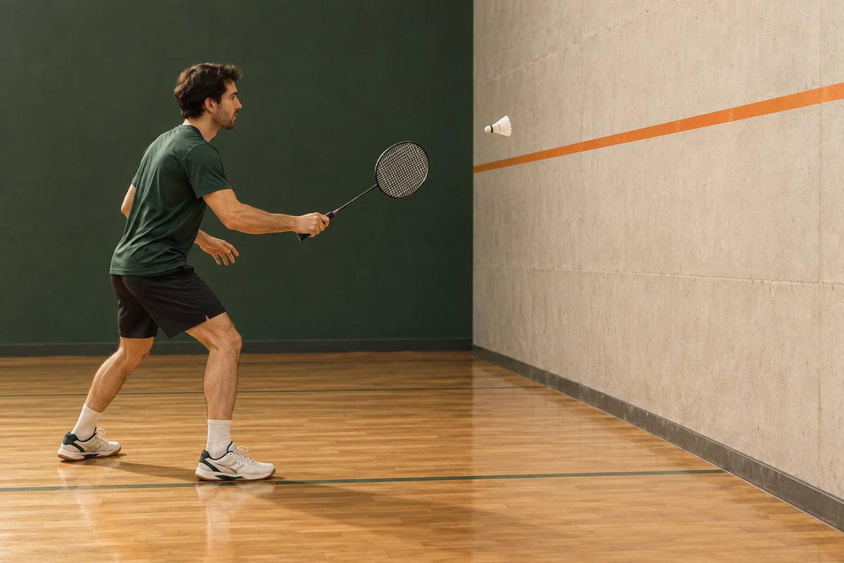 A solo player uses a clear wall target and a compact racket preparation for controlled rebound practice.