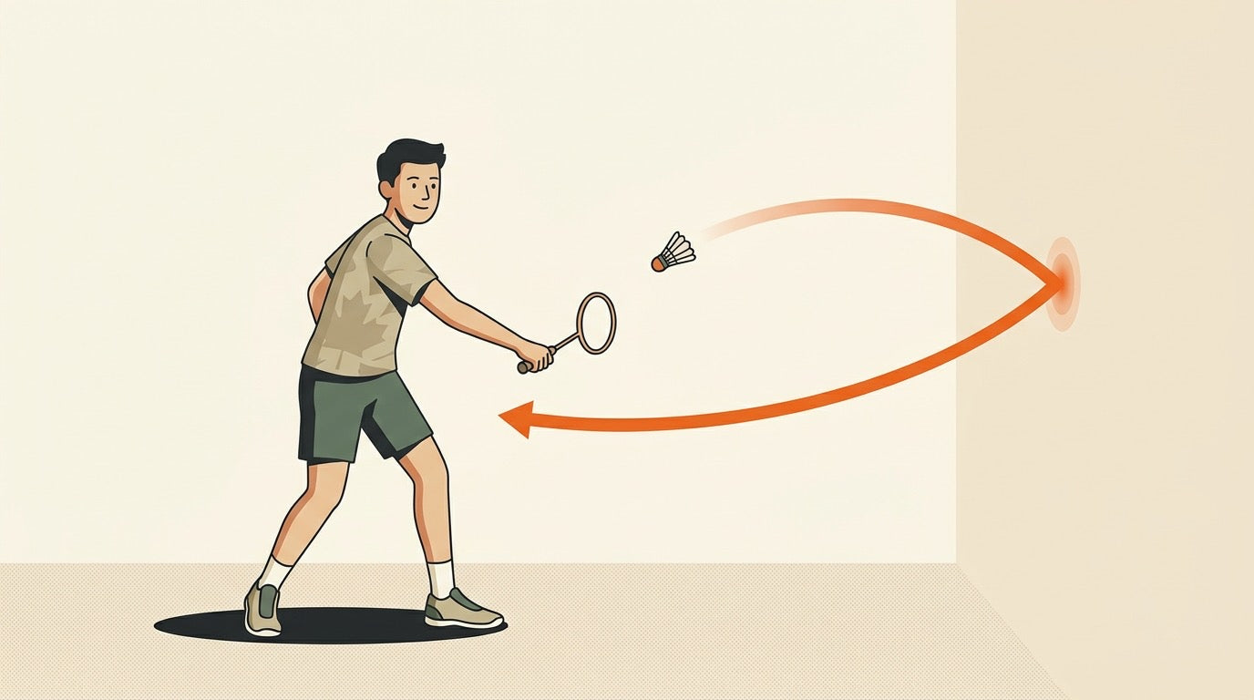 Illustration of a badminton player practicing wall drills alone against a marked net-height line