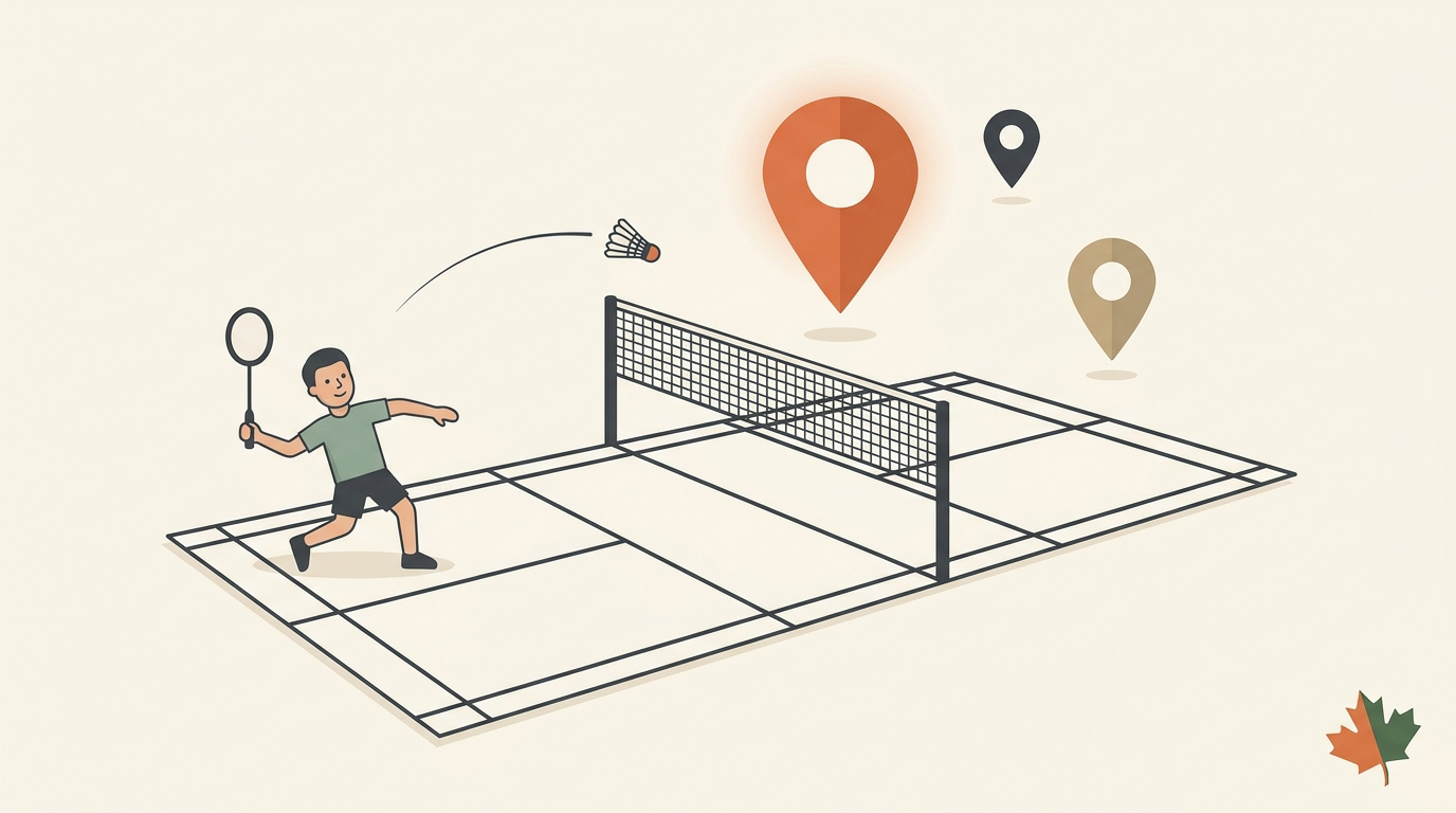 Flat-vector illustration of indoor badminton play in Winnipeg, in Badminton House's cream and orange editorial style
