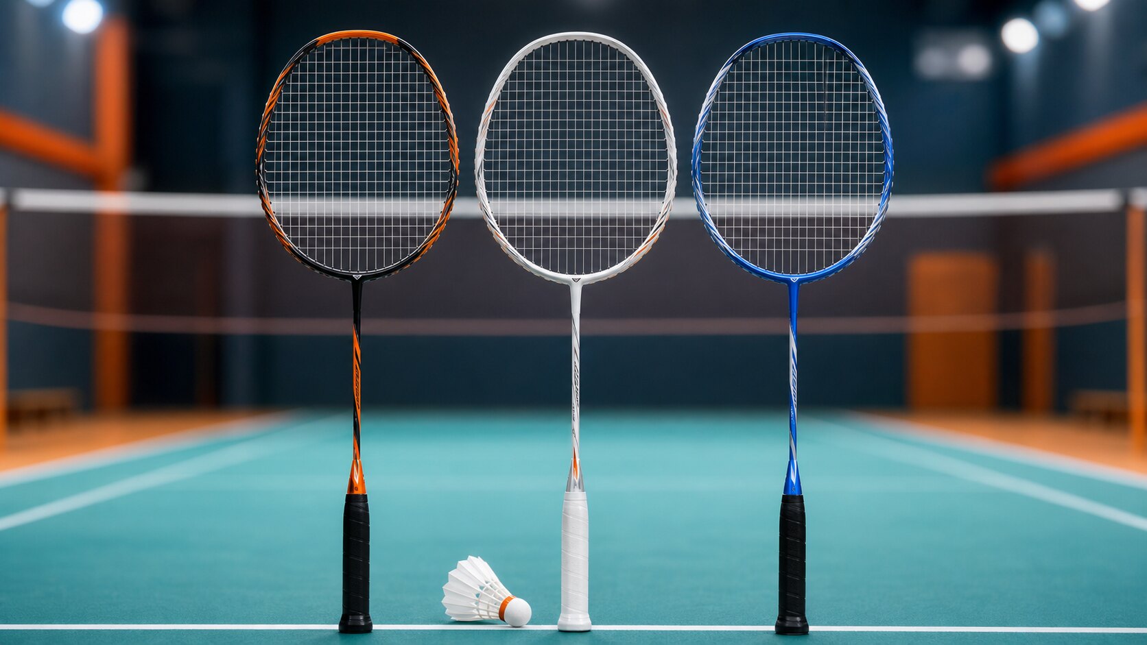 Three Yonex-style badminton rackets representing power, control, and speed on an indoor court.