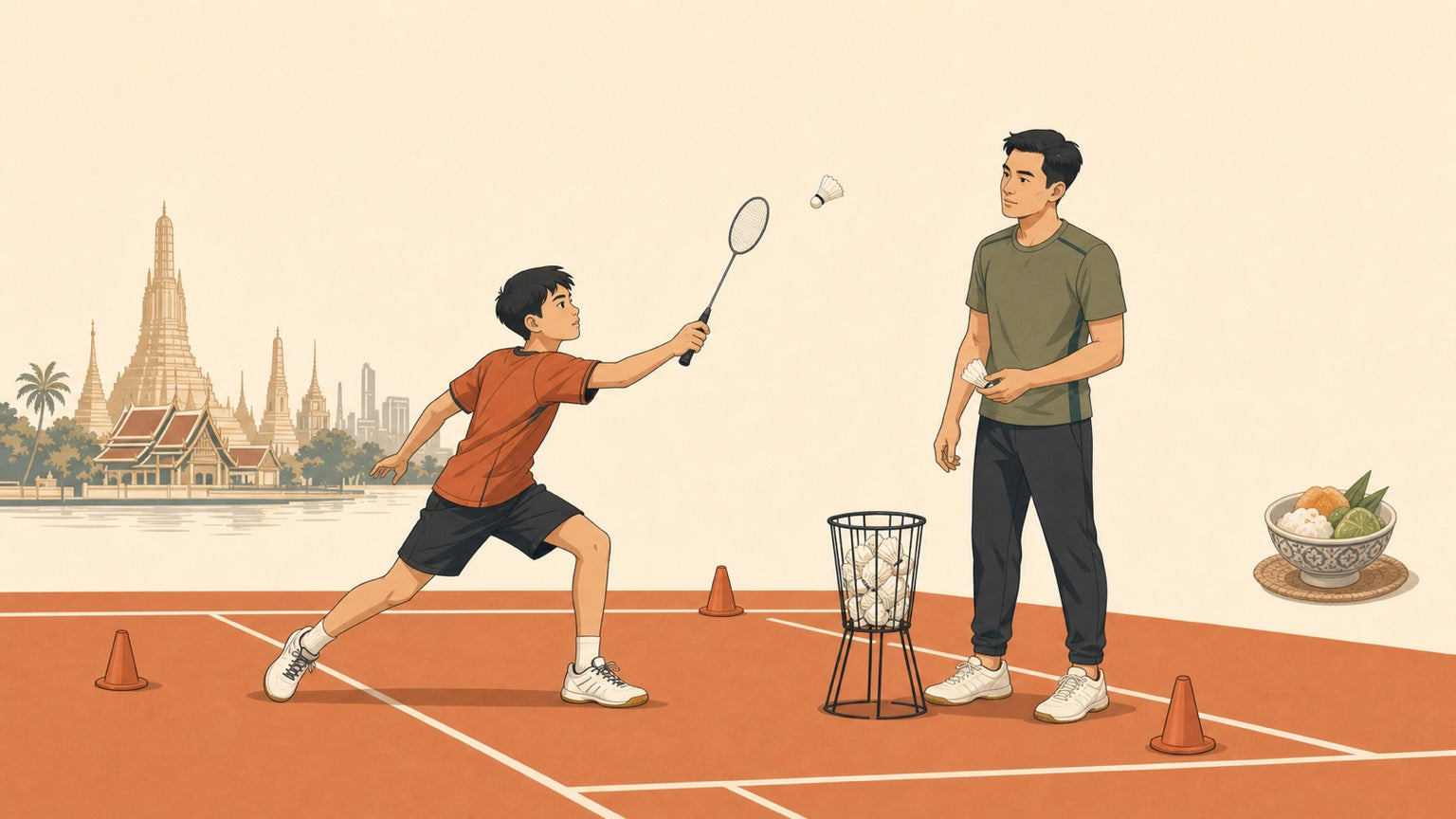 Flat vector illustration of a badminton coach and junior player training on an indoor academy court