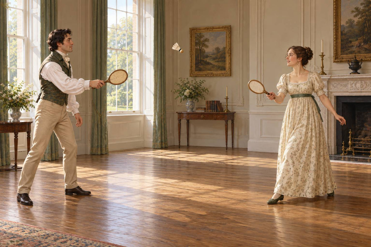 Une reconstitution illustrée montre deux joueurs maintenant un volant en plumes avec des battledores à face de parchemin.