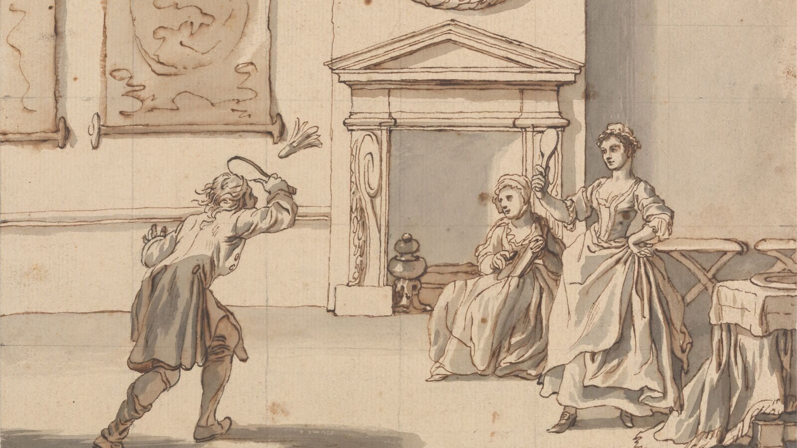 An 18th-century pen-and-wash drawing of a man swinging a round battledore at a feathered shuttlecock while two women look on, one holding her own battledore, in a furnished parlour.
