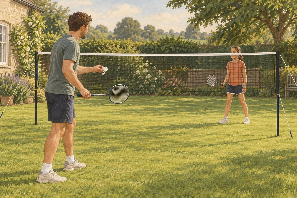 A family badminton setup needs a clear, level play area and securely anchored net.