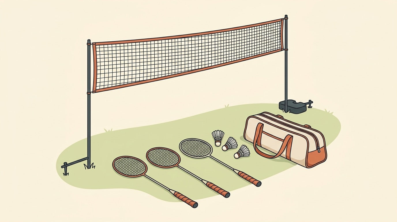Illustration of a family backyard badminton set with net, poles, rackets, shuttles, and carry case on a Canadian cottage lawn