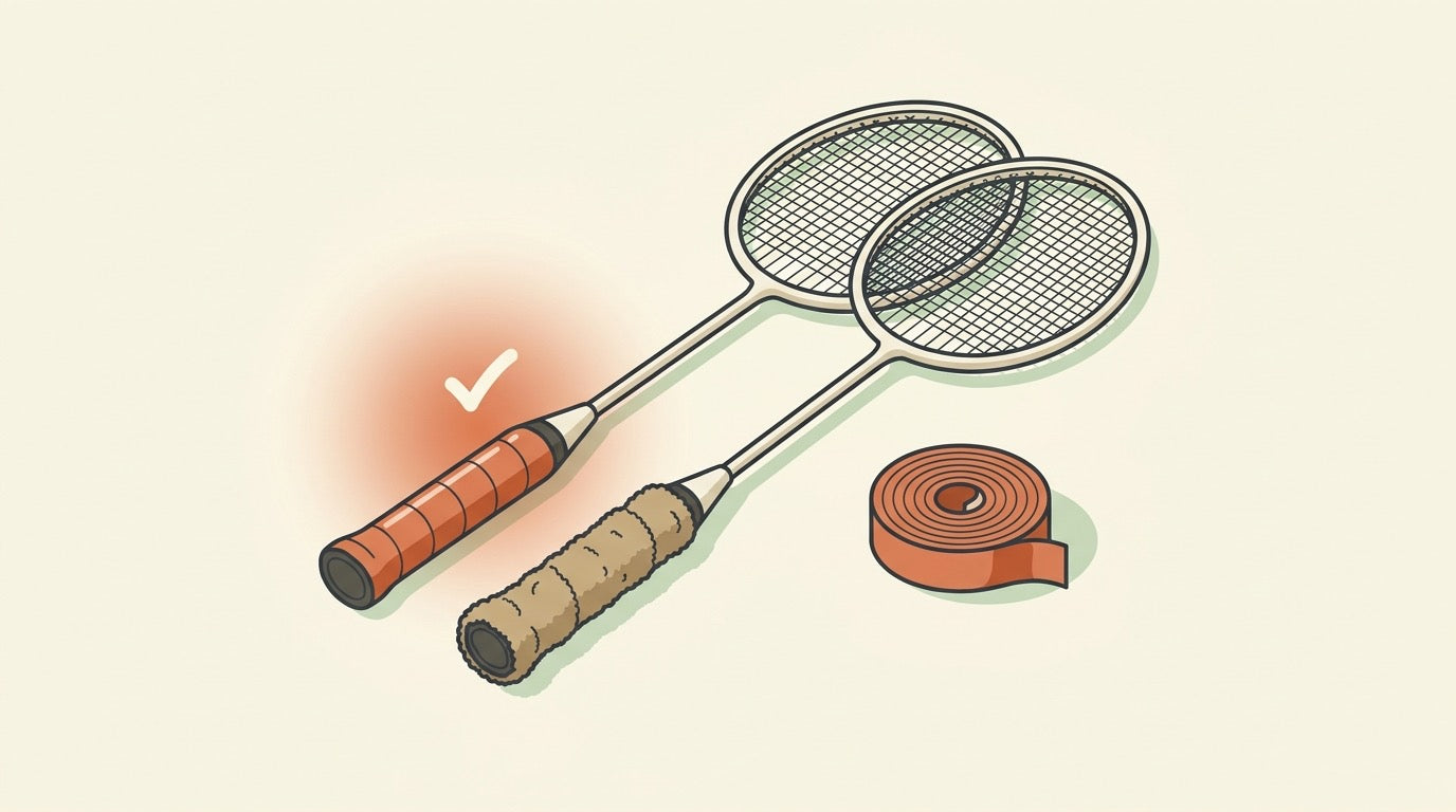 Three badminton racket handles showing tacky, absorbent, and towel grip textures on a warm indoor court