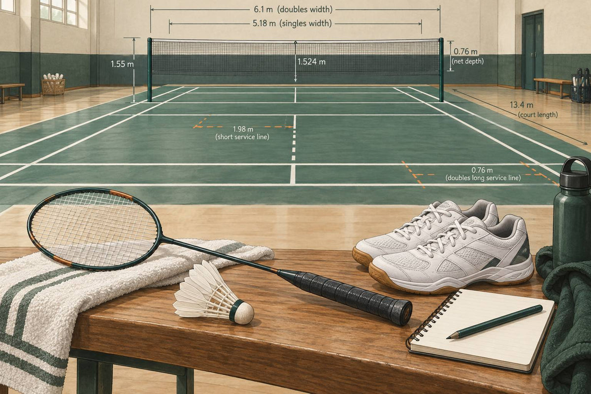 Editorial beginner badminton equipment still life.