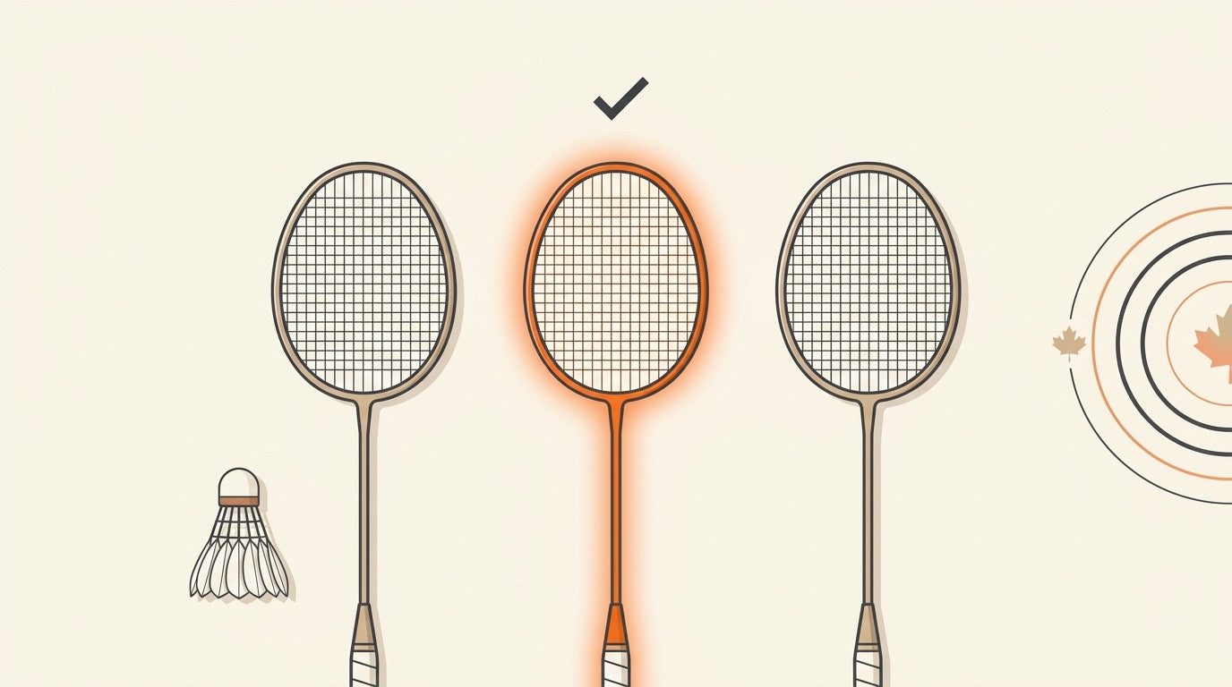 Illustration of a badminton control player at the net with rackets on an indoor Canadian court