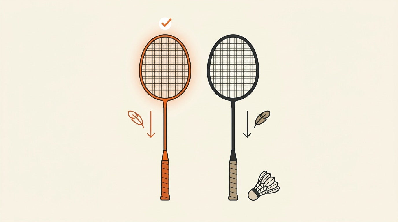 Older badminton player comparing a heavy racket with a lightweight arm-friendly racket on a warm indoor court