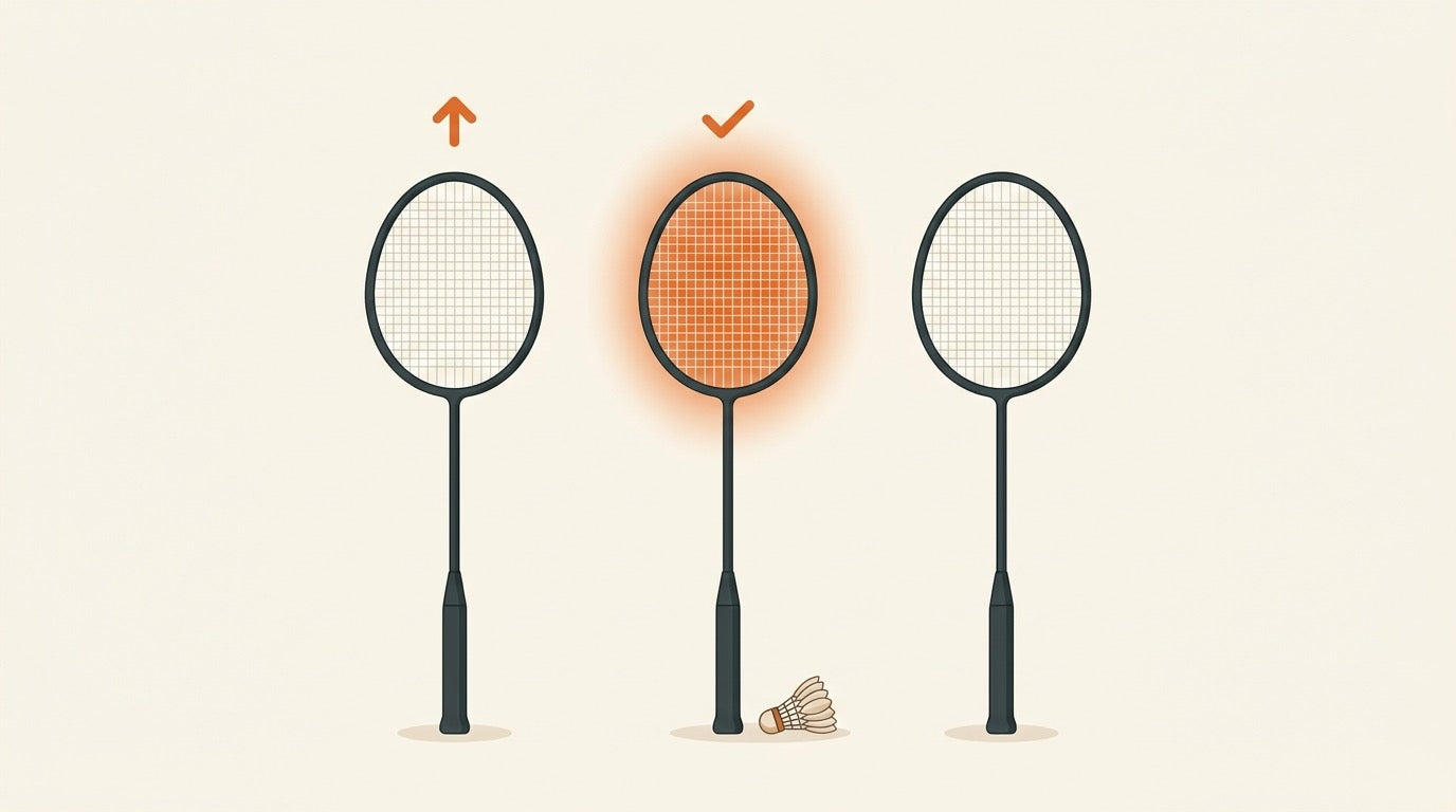 Illustrated badminton court with budget racket options showing a rejected metal frame and approved graphite frames