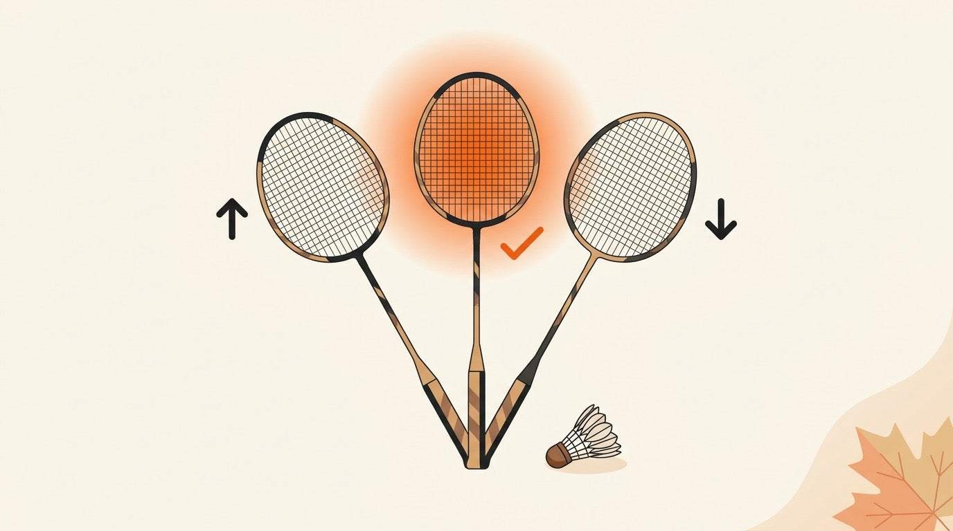 Three premium badminton rackets arranged on a warm Canadian indoor court for a power, speed and control comparison