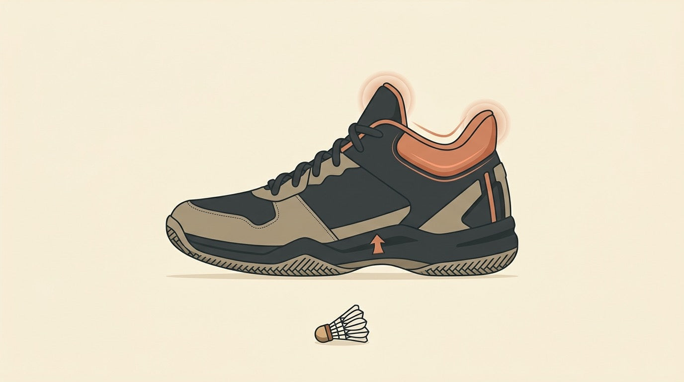 Illustration of a supportive badminton court shoe with the ankle collar and heel counter highlighted in orange, with a shuttlecock beside it