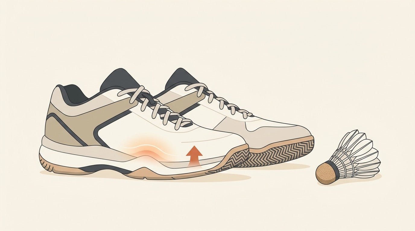 Illustrated indoor badminton court with several badminton shoes arranged as overall 2026 picks for Canadian players