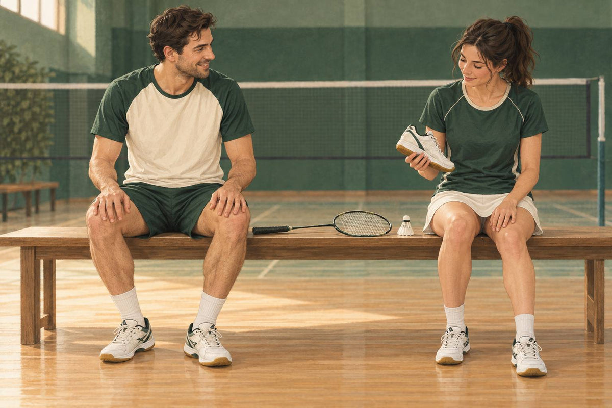 Trying court shoes with playing socks helps compare heel security, toe room and overall comfort.