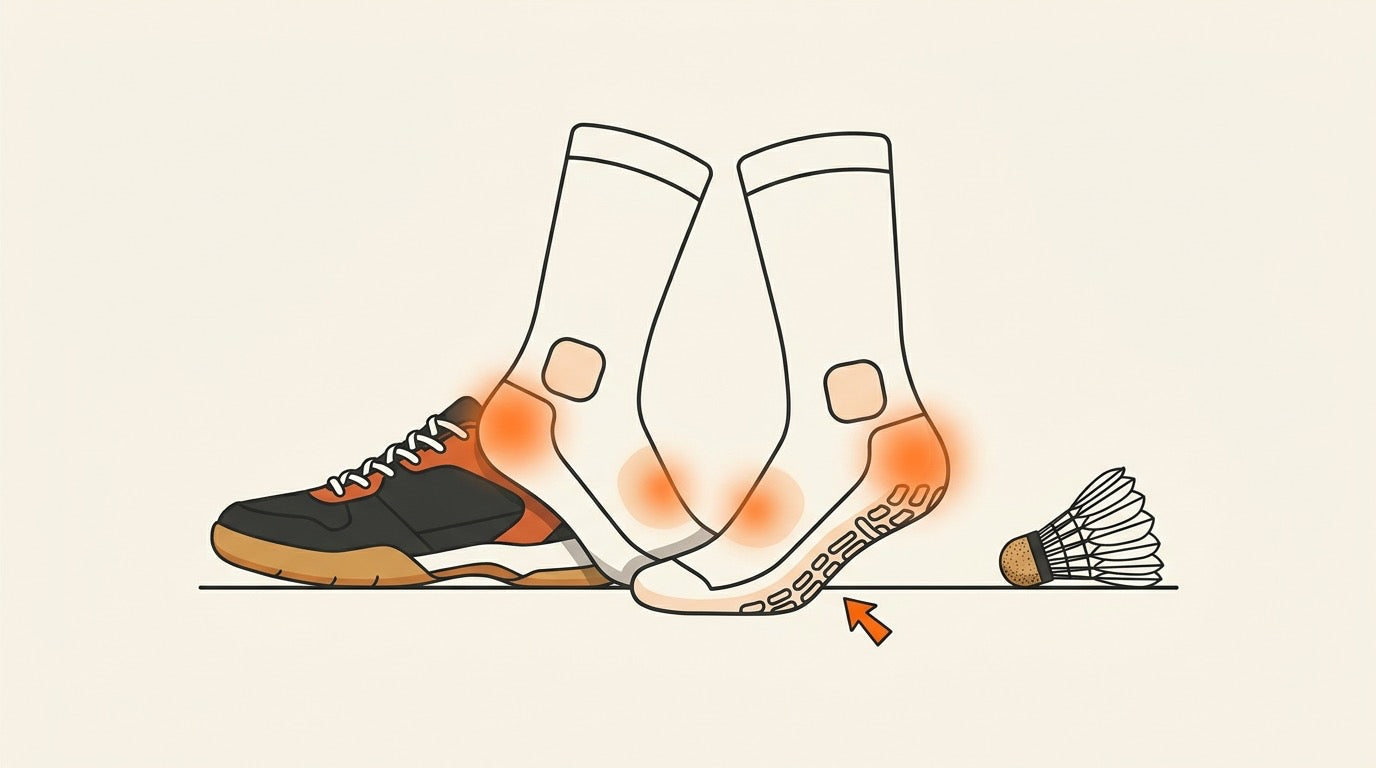 Chaussettes de badminton rembourrées et chaussures de sport en salle sur un terrain de badminton canadien