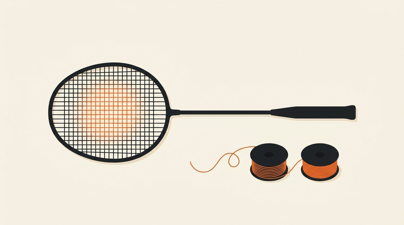 Illustration of two badminton rackets comparing broken thin strings with durable thicker strings on a Canadian indoor court