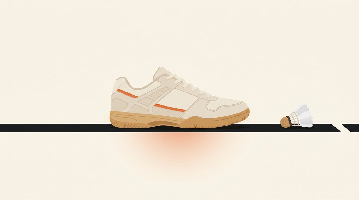 Illustration de chaussures de sport en salle pour le badminton à semelles en caoutchouc clair, à côté de chaussures de course sur un terrain de badminton intérieur canadien