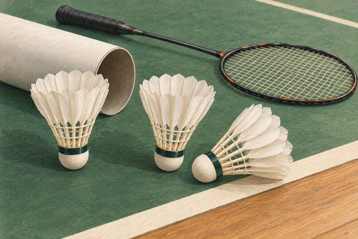 Generic feather shuttlecocks, storage tube and badminton racket.
