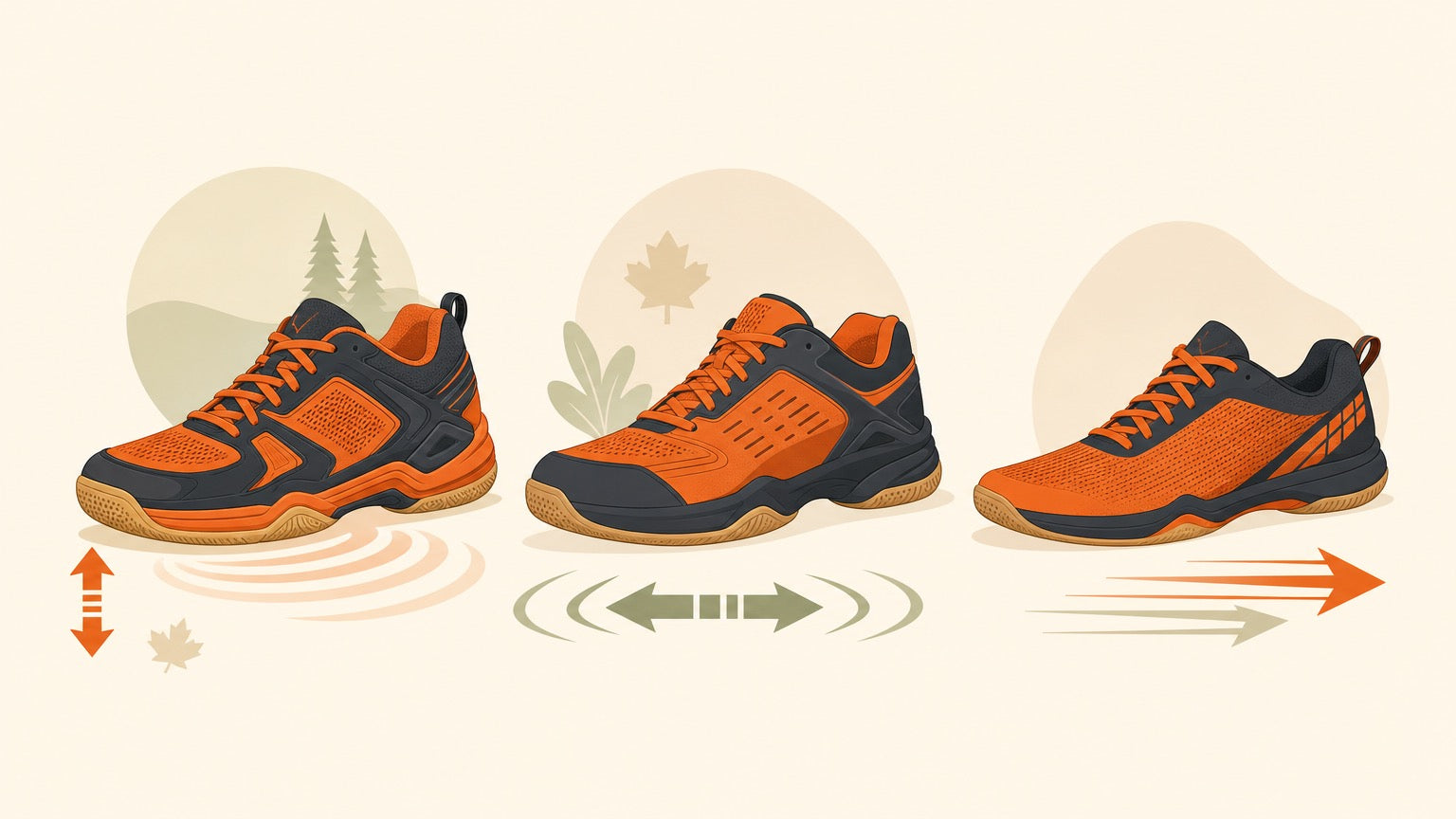 Flat vector banner showing badminton shoes on an indoor badminton court with support, speed, and cushioning symbols