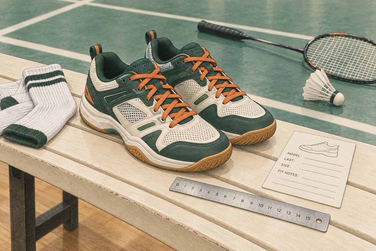 Generic badminton shoes with socks, ruler and specification card.