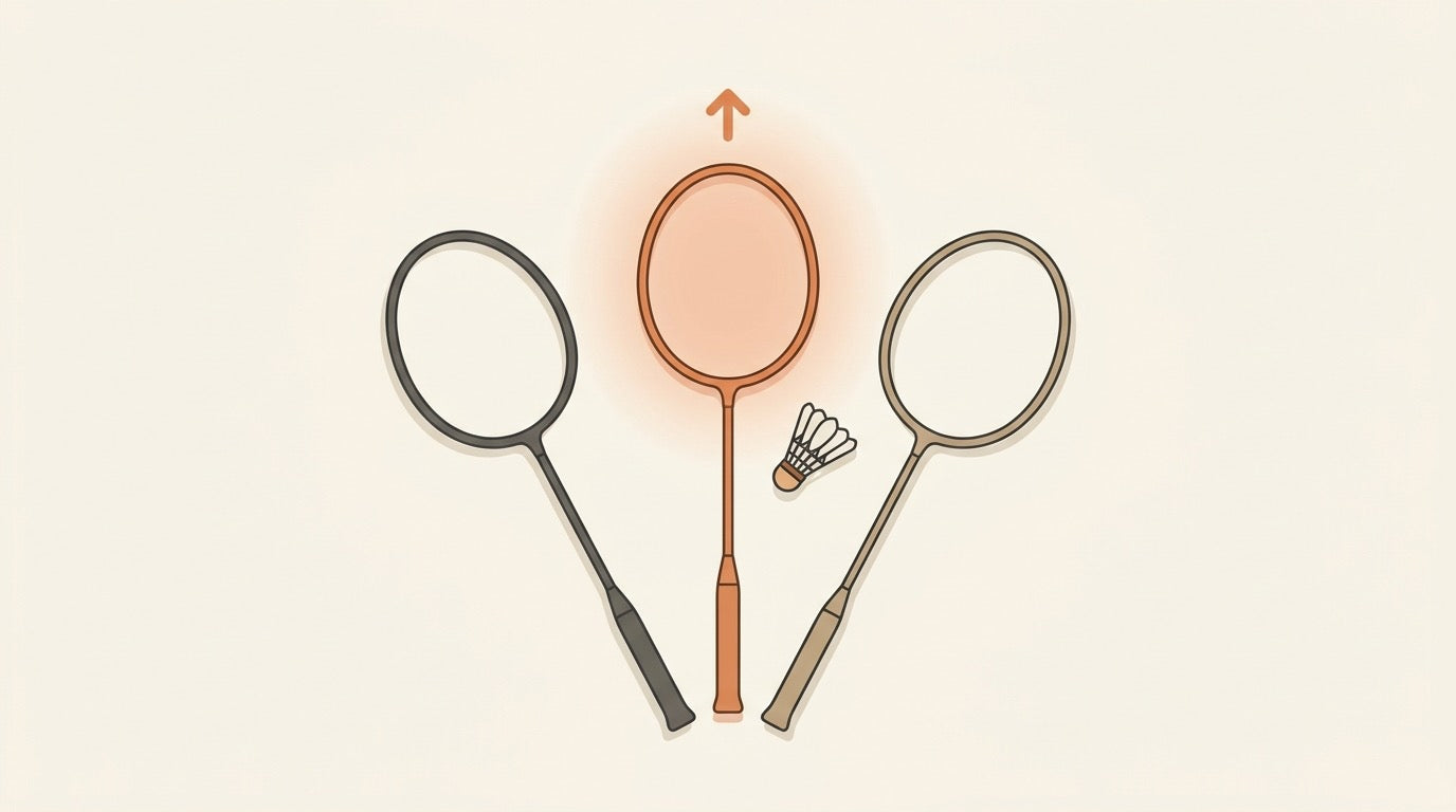 Three badminton rackets on a warm indoor court representing power, speed, and control options for Victor-style racket lines.