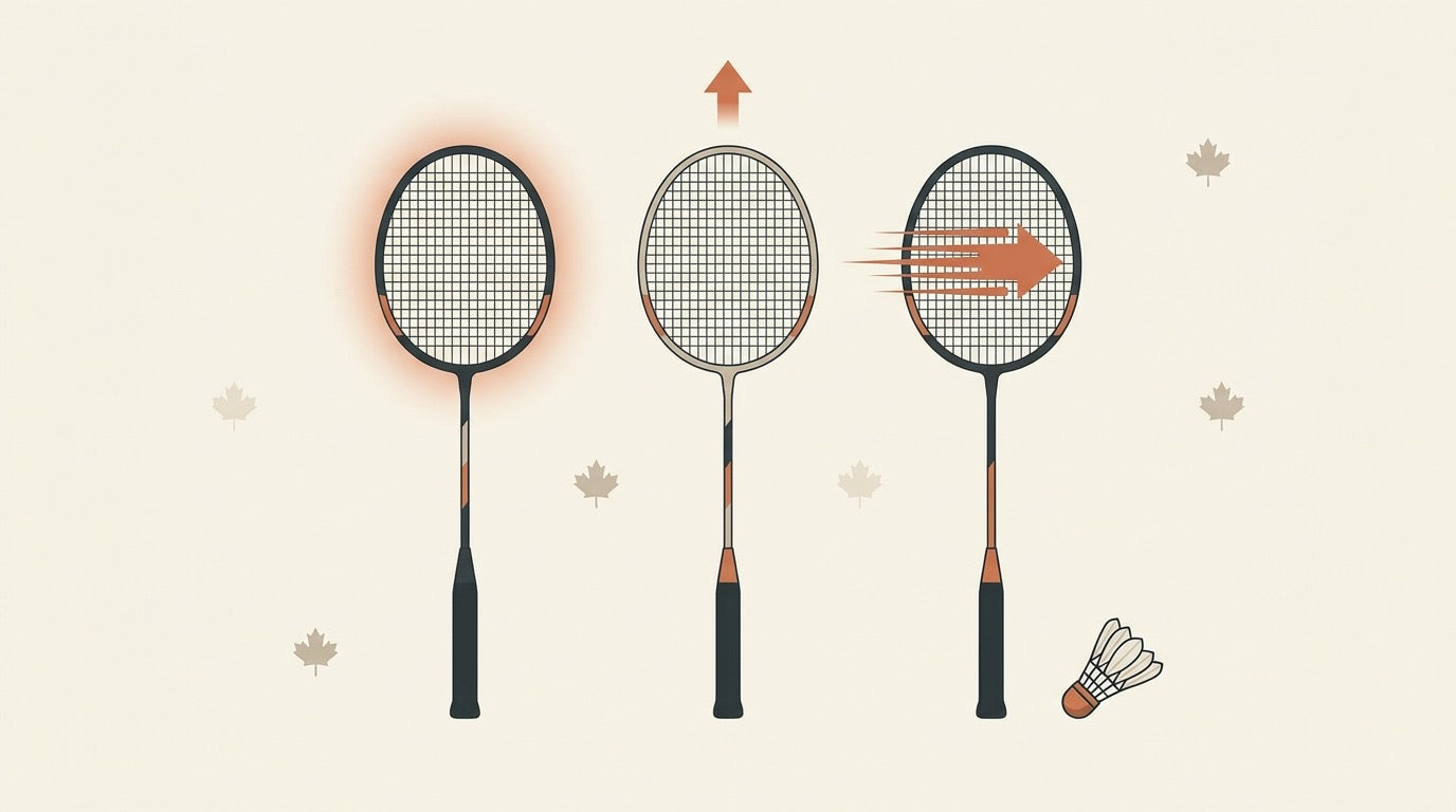 Illustrated badminton court with three racket silhouettes representing power, control, and speed choices