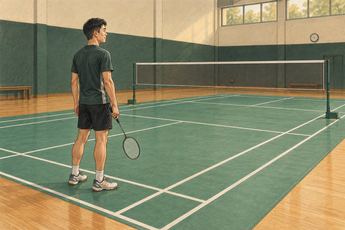 Editorial illustration of a badminton player standing comfortably with the racket lowered between points.