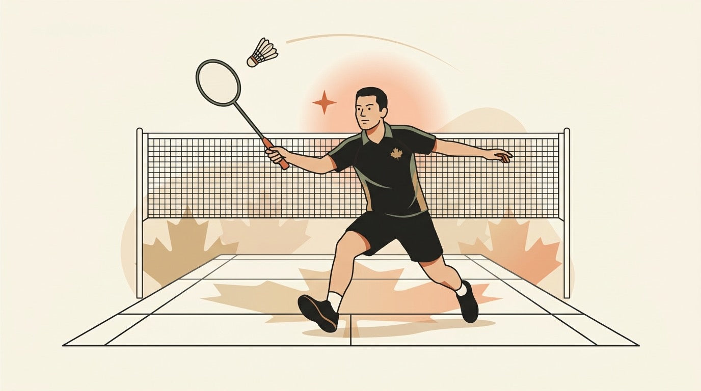 Illustrated Canadian badminton players on a warm indoor court with subtle maple leaf detail