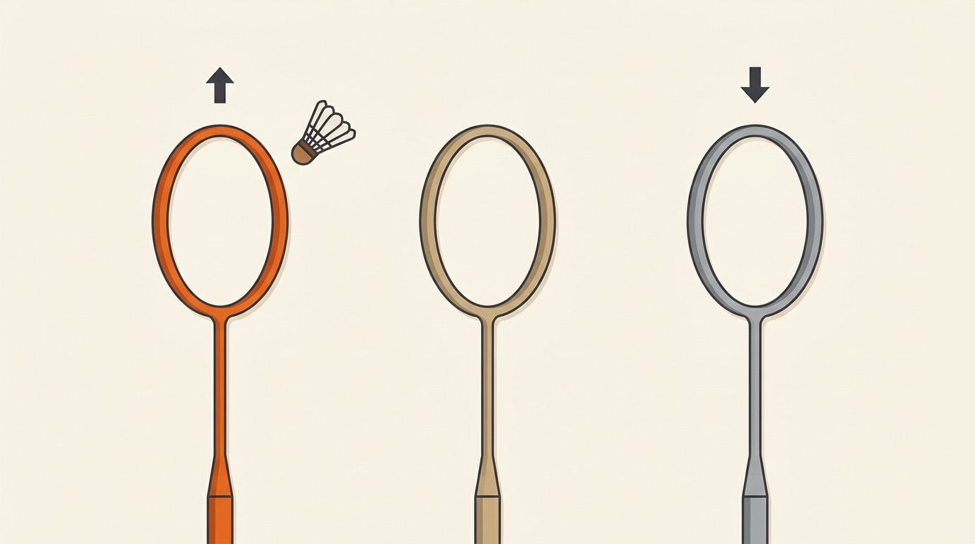 Illustration comparing carbon, aluminum, and steel badminton rackets on an indoor court