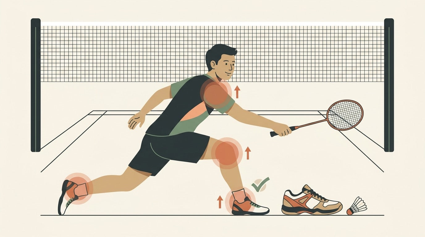 Illustrated badminton players demonstrating safe landing, lunging, overhead, and rear-court movement mechanics on an indoor court