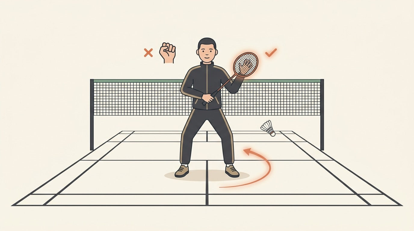 Illustration d’une personne débutante au badminton qui corrige sa prise et ses déplacements sur un terrain intérieur canadien