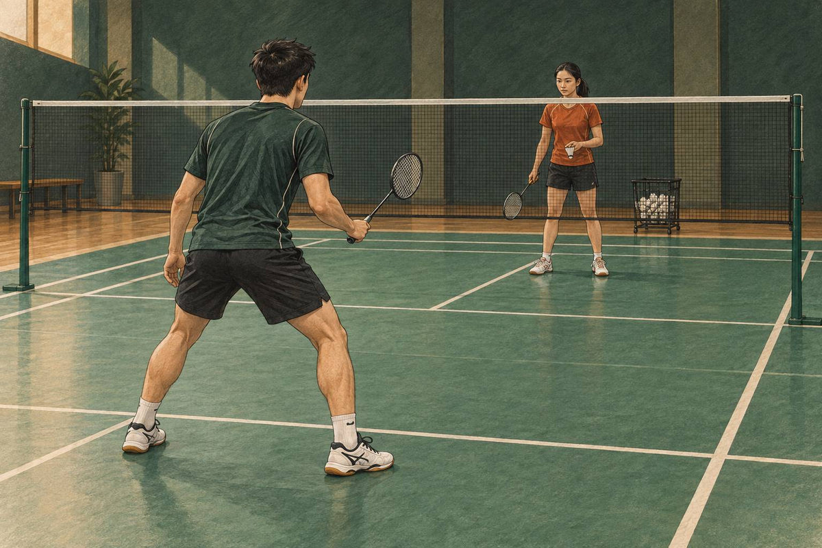 Editorial illustration of a right-handed defender resetting the racket in front before a controlled feed from the opposite forecourt.