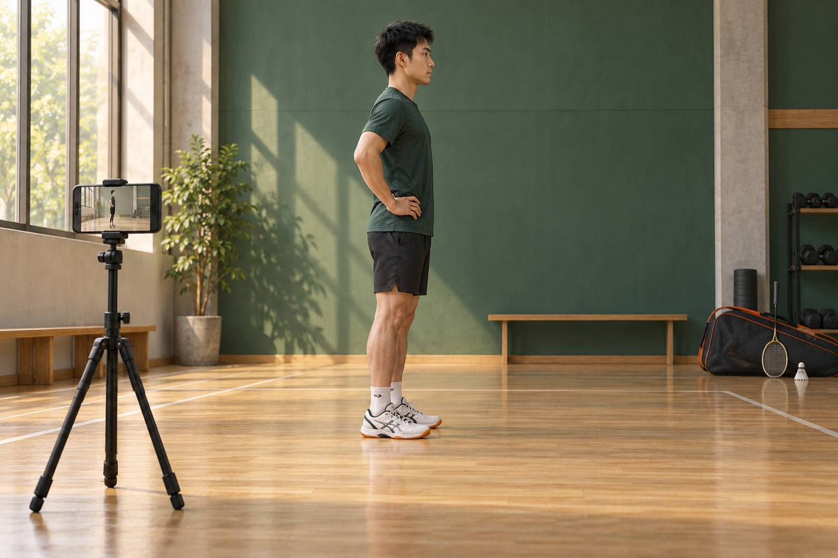 A fixed side-on phone and hands-on-hips setup prepare a repeatable countermovement-jump recording.