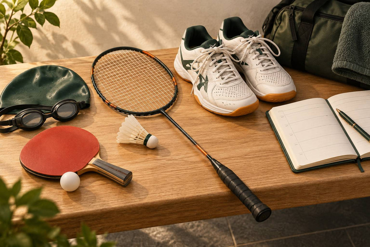 Du matériel pour différentes activités côtoie l’équipement de badminton pour illustrer un choix réfléchi d’entraînement hebdomadaire.