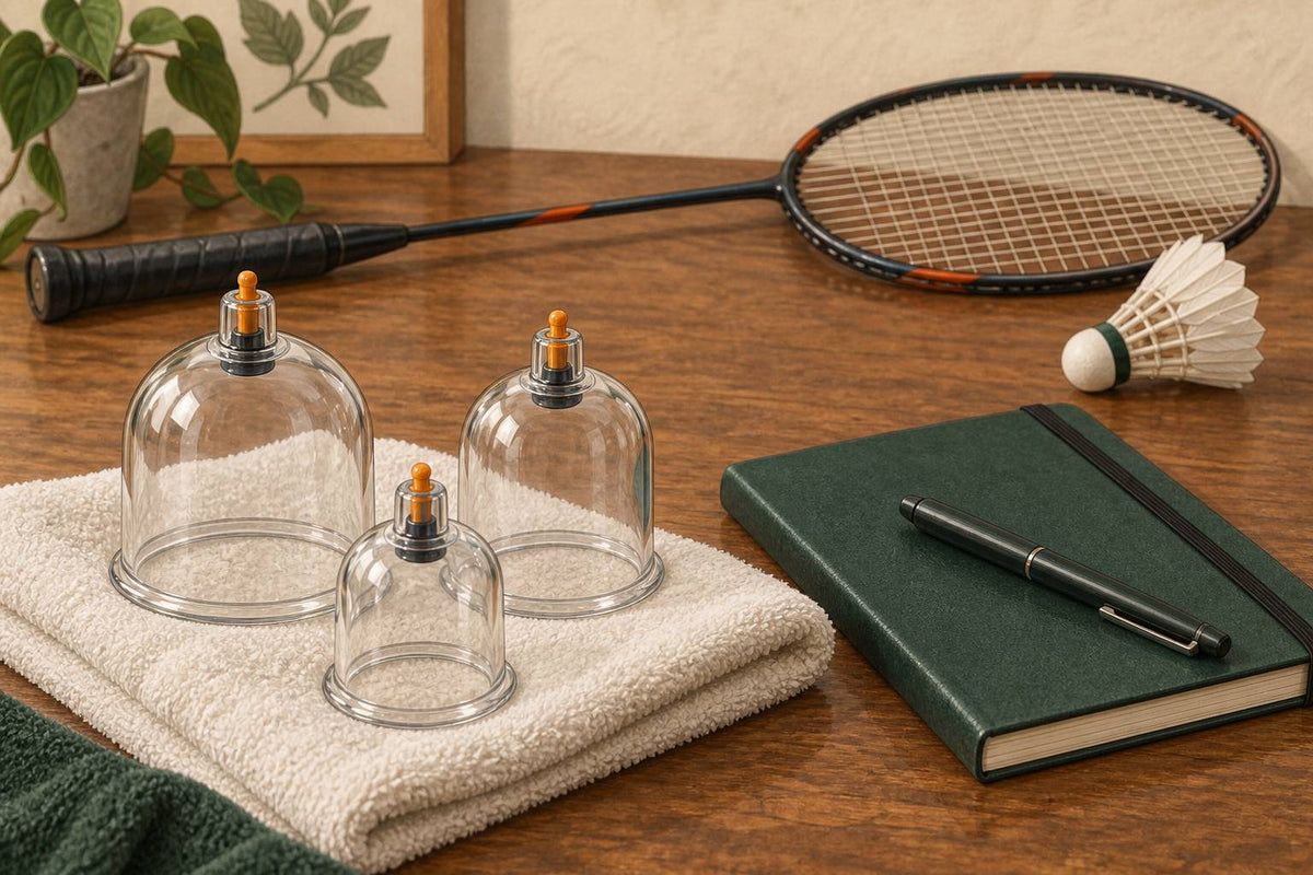 Editorial still life of unused transparent cupping cups, a towel, notebook and badminton racket.