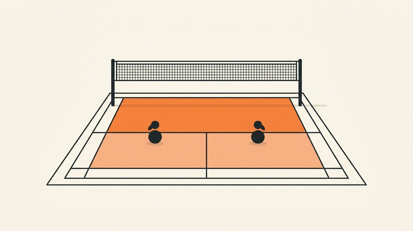 Illustration of a doubles front-court badminton player holding the racket high to intercept at the net