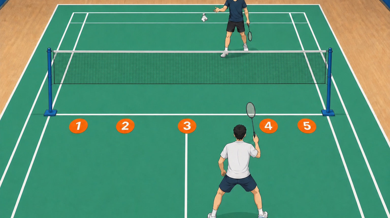 Schéma vu du dessus de l’avant-terrain de double au badminton, avec cinq points d’envoi numérotés près du filet et un joueur en position d’attente, raquette levée.