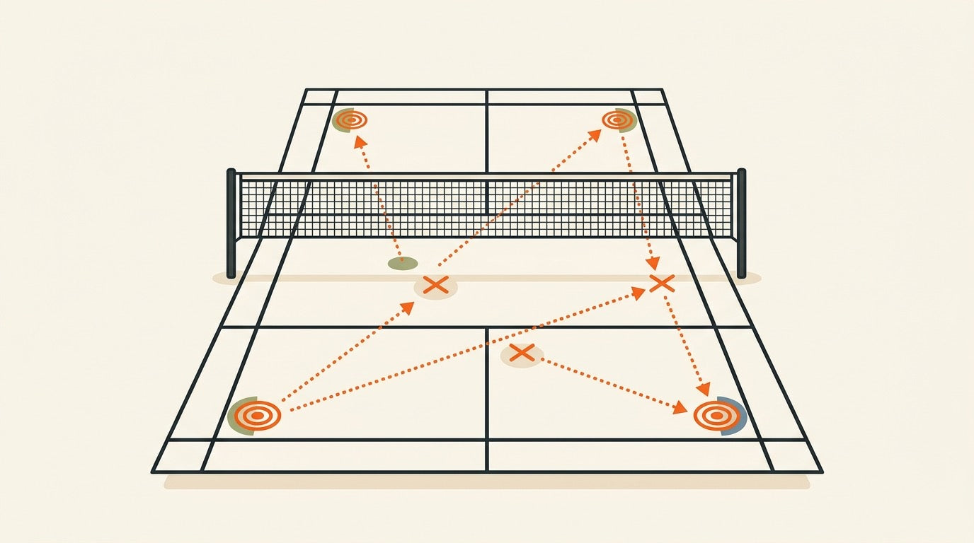 Illustration of a badminton doubles pair attacking the middle gap between two defenders on a Canadian indoor court